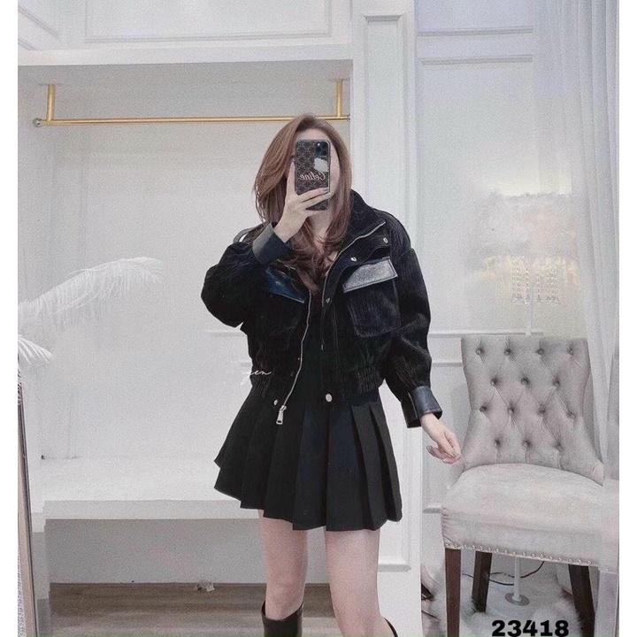 23418KH23418-Khoác nhung tăm 2 túi hộp nắp da bo gấu HM