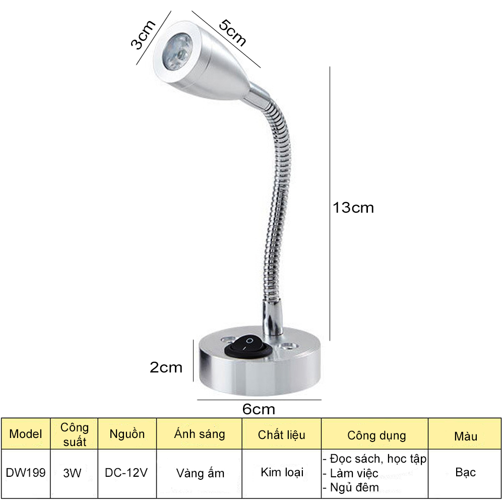 Đèn đọc sách đầu giường Led 3W, Loại gắn tường Kim loại, Nguồn 12V