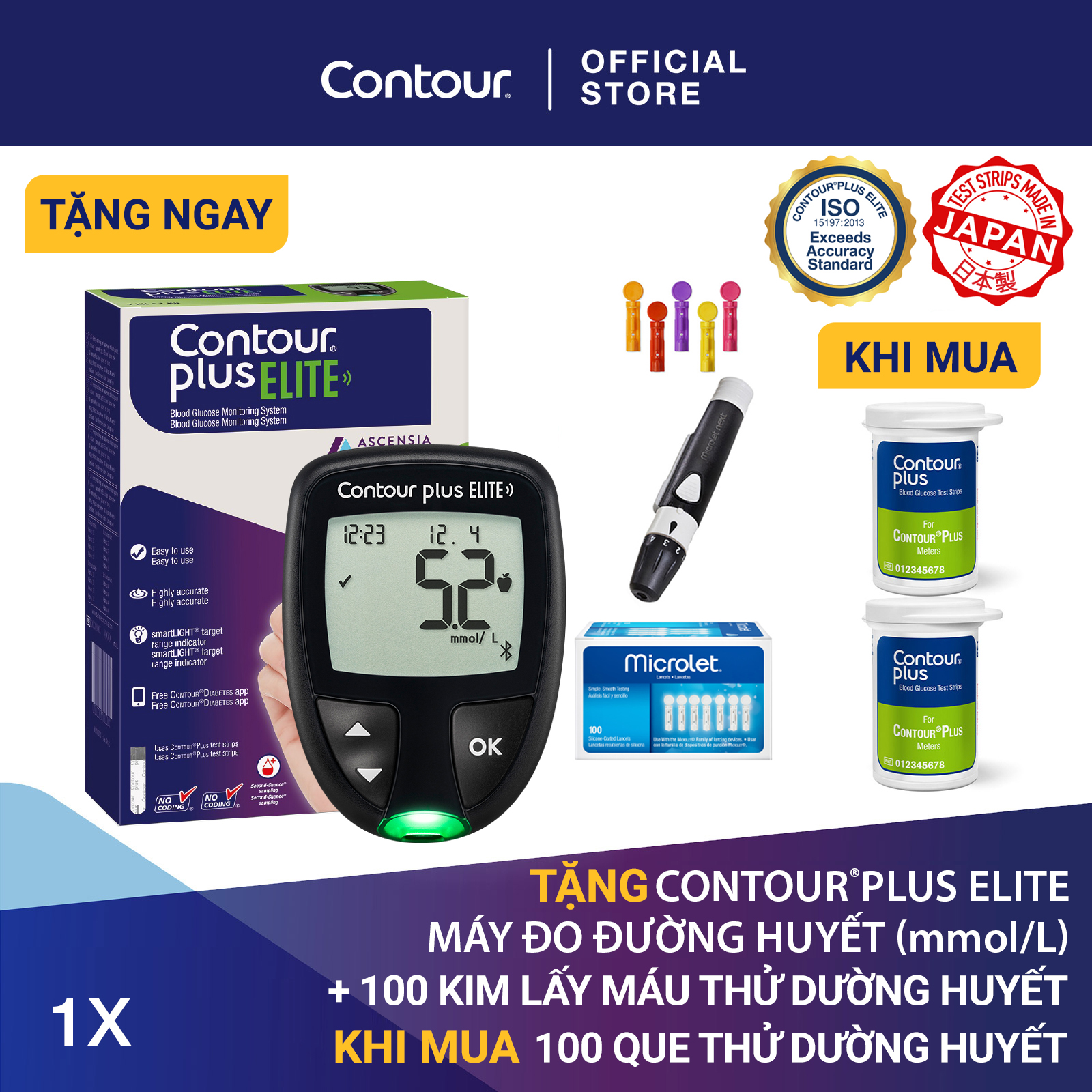 Tặng Máy đo đường huyết CONTOUR PLUS ELITE (mg/dL) Khi Mua 100 Que thử đường huyết và 100 Kim lấy máu thử đường huyết