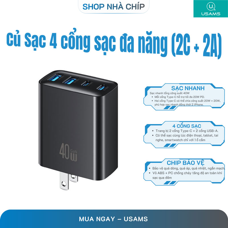 Củ Sạc Nhanh USAMS 4 Cổng CC331/CC330 40W (2*Type-C + 2*USB-A port) - Hàng Chính Hãng