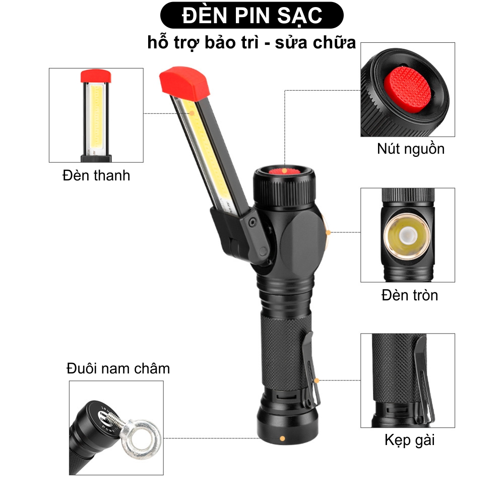 Đèn pin sạc siêu sáng LED - COB đuôi nam châm