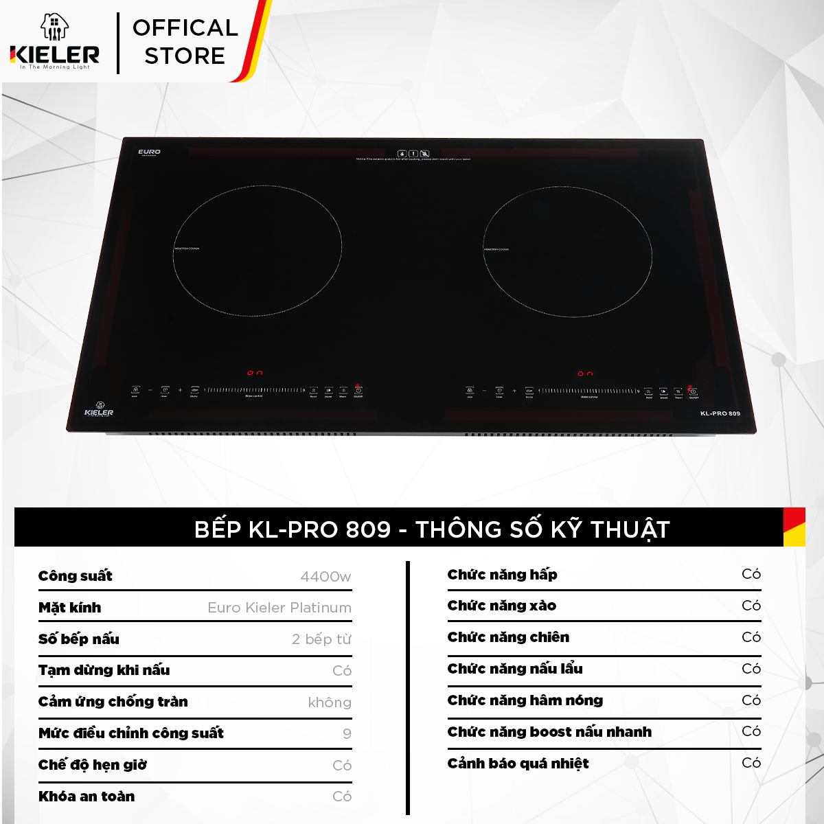 Bếp điện từ đôi Kieler KL-PRO809 mặt kính Euro Kieler Platinum, Bếp điện từ có chế độ cảm ứng chống tràn 4400W - Hàng Chính Hãng