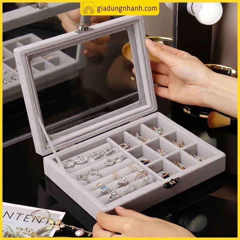 Hộp Đựng Trang Sức, Nữ Trang Bọc Nhung Có Kính Nhựa Mika Trong Suốt Nhỏ Gọn Tiện Ích