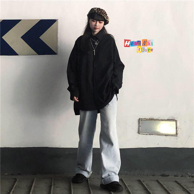 Sơ Mi Trơn Dáng Rộng Basic Unisex Tay Dài Màu Đen - MM - M