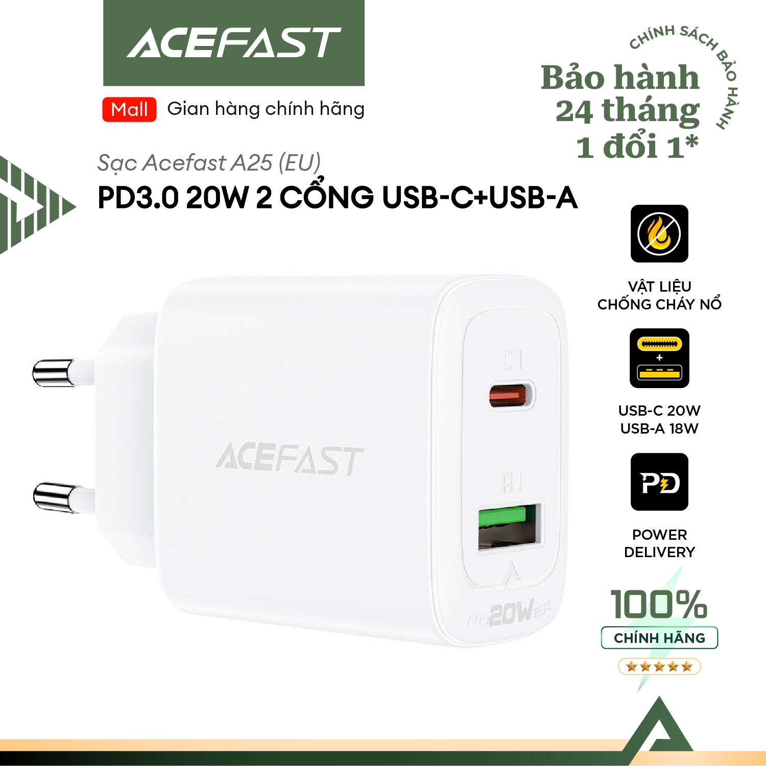 Hình ảnh Sạc Acefast PD3.0 20W 2 cổng USB-C+USB-A (EU) - A25 Hàng chính hãng Acefast