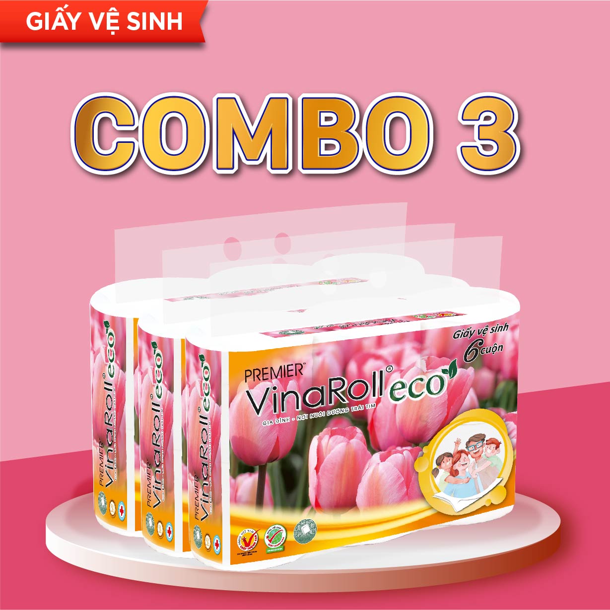 Giấy vệ sinh Premier VinaRoll Eco không lõi, 3 lớp 100% bột giấy nguyên sinh, không chất tẩy lốc 6 cuộn