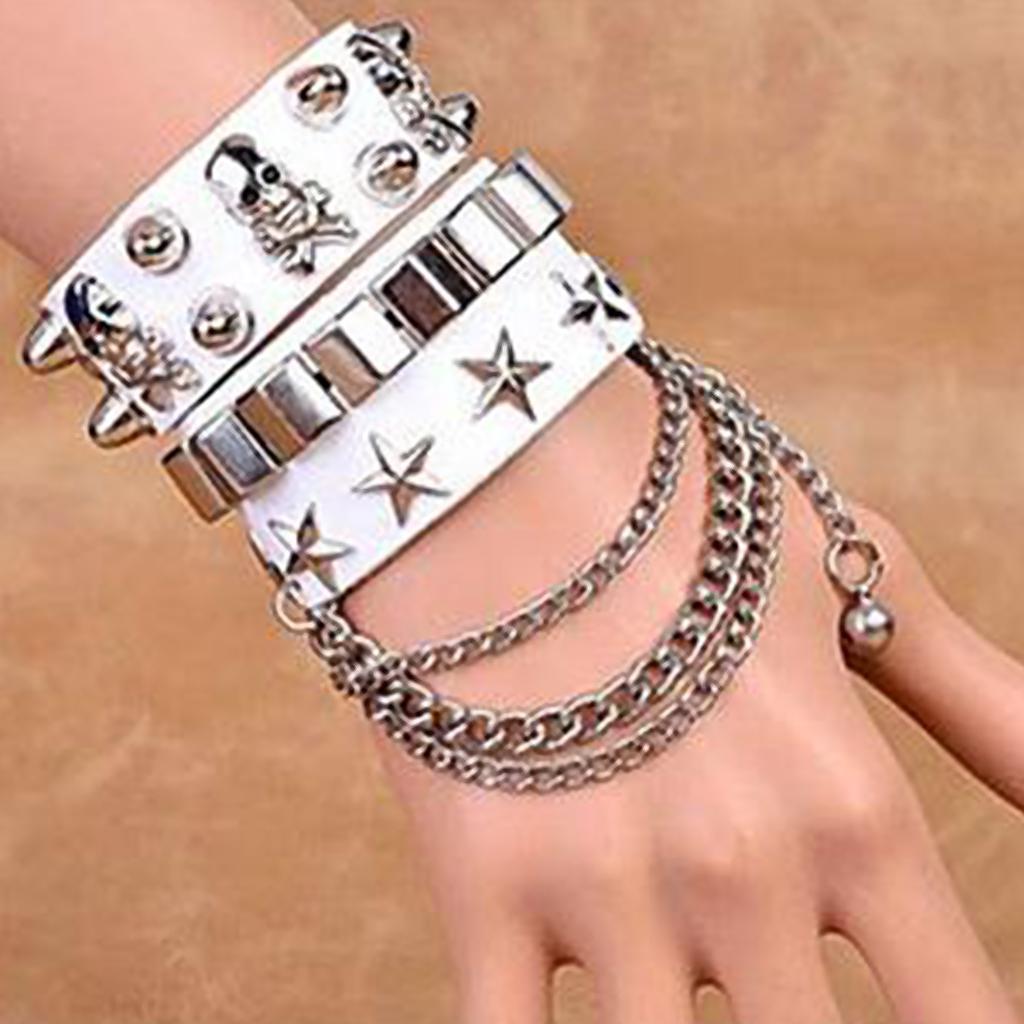 Layered Gothic  Bracelet Rivet Leather Cuff Bangle Wristband White