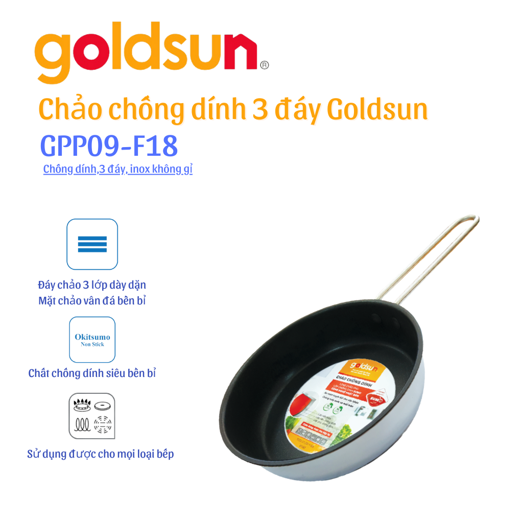 Chảo Inox Chống Dính Goldsun GPP09 F18 (18cm) Dùng Mọi Bếp - Chính Hãng