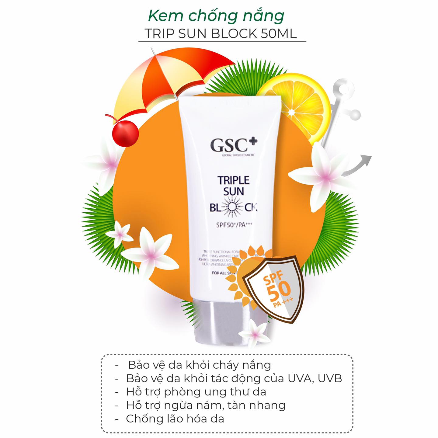 Kem chống nắng vật lý GSC TRIPLE SUN BLOCK SPF 50+/PA+++ chính hãng 50g