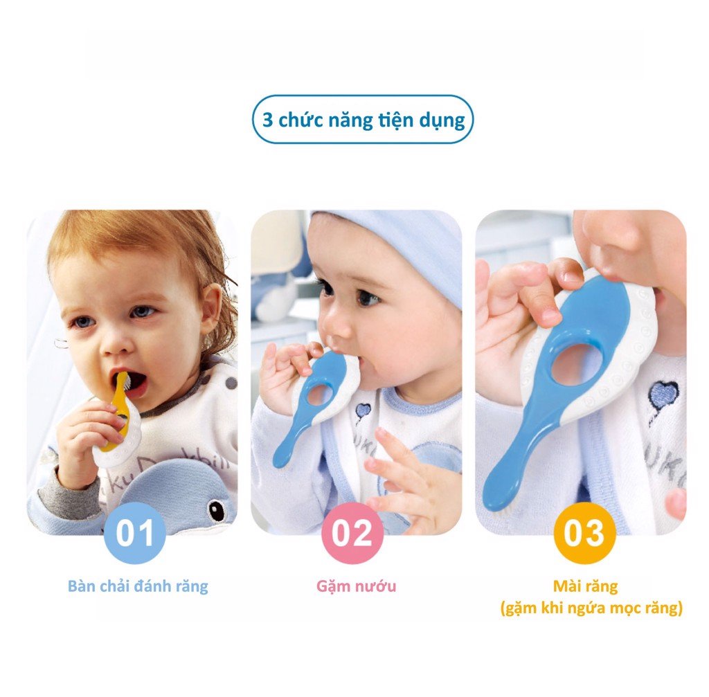 Bàn chải đánh răng cho bé từ 0 đến 3 tuổi, bàn chải siêu mảnh 3 trong 1 KUKU KU1138