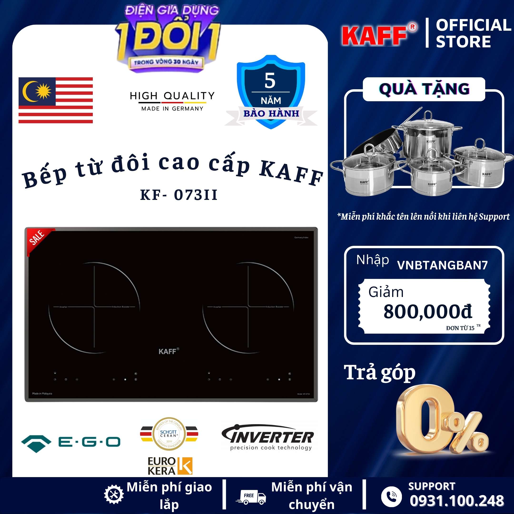 Bếp âm từ đôi nhập khẩu Malaysia KAFF KF-073II - Hàng chính hãng