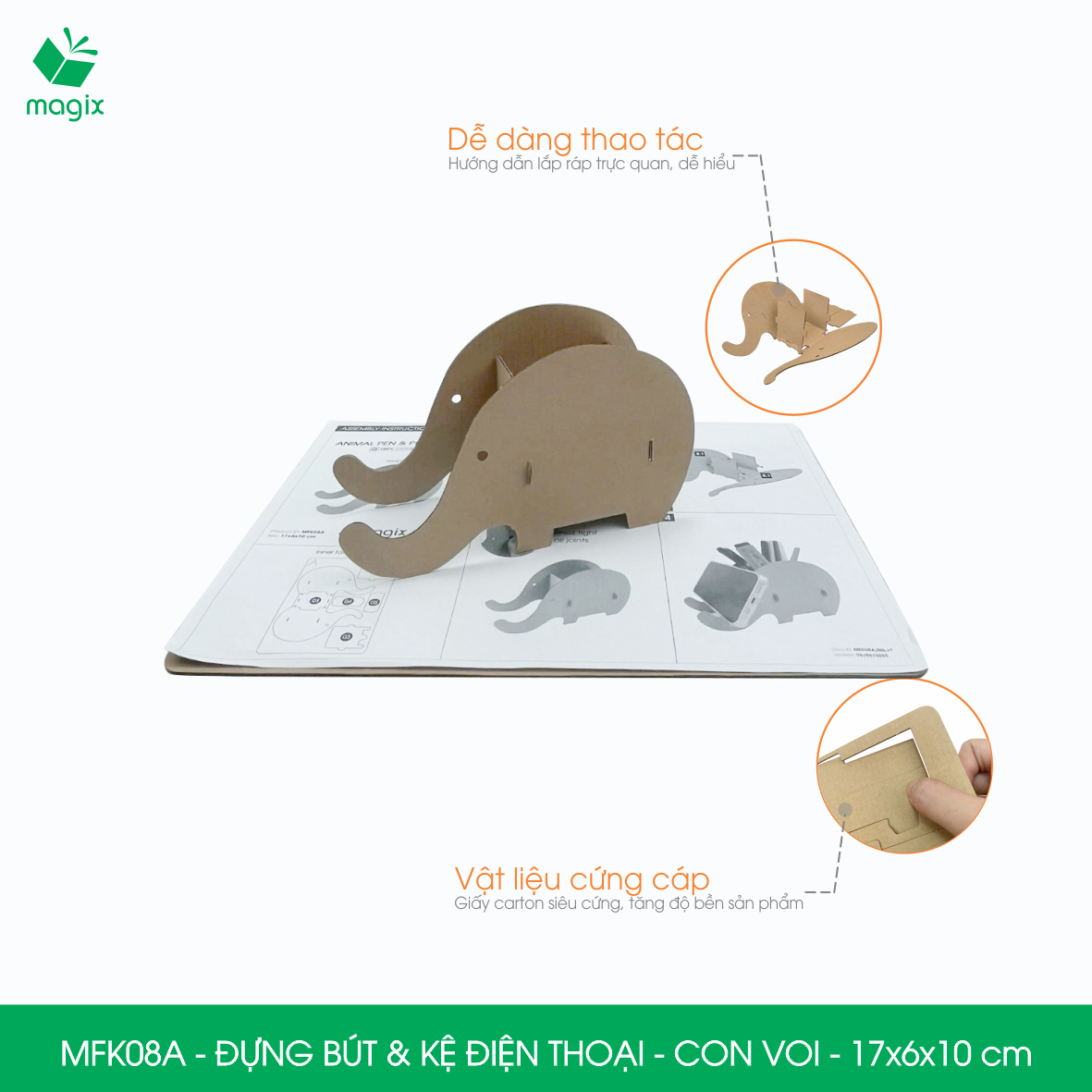 MFK08A - Đựng bút &amp; kệ điện thoại bằng giấy carton - Hộp bút kiểu dáng Con voi - 17x6x10 cm