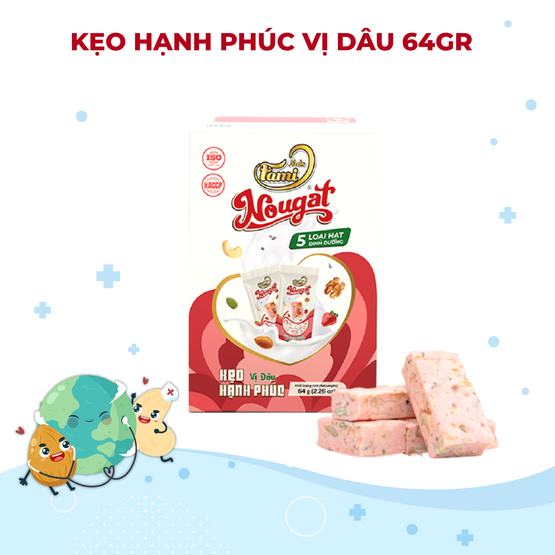Kẹo Nougat Kẹo ít ngọt - FAMINUTS 5 Loại Hạt Vị Dâu Thơm Ngon
