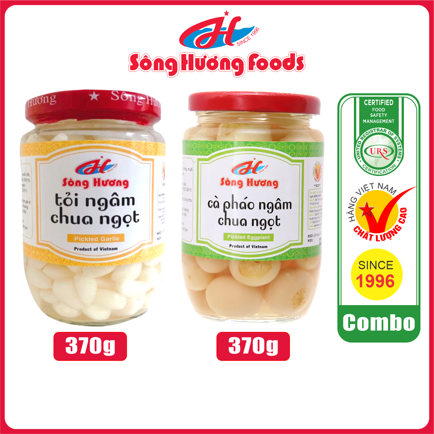 Combo 1 Hũ Cà Pháo Ngâm Chua Ngọt 370g + 1 Hũ Tỏi Ngâm Chua Ngọt 370g Sông Hương Foods