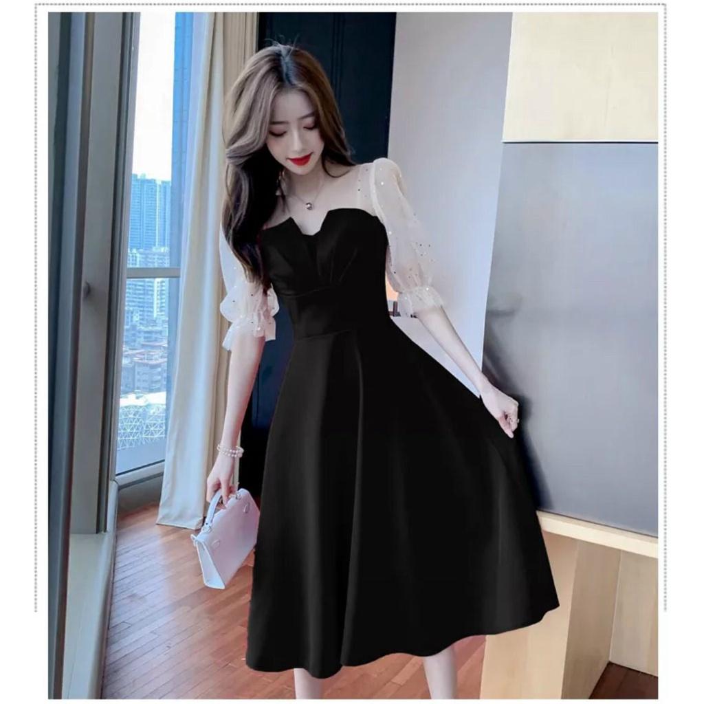 Gunkaymatter Đầm Nữ Dạ Hội Phong Cách Tiểu Thư Xếp Ly Ngực Tay Phối Lưới Có Mút Ngực Phù Hợp Mọi Phòng Cách