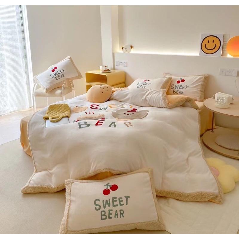 Bộ chăn Ga Gối Nỉ Nhung Gấu Teddy Giáng Sinh Hàng Nhập Khẩu Cao Cấp 5 Món Cherry