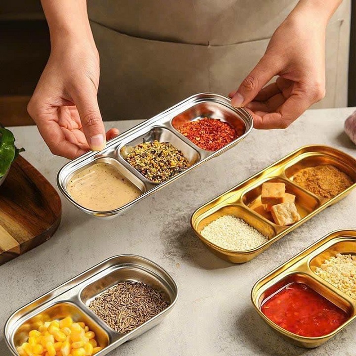 Khay Đựng Nước Sốt , Nước Chấm 3 ngăn Bằng Inox 304 Chất Lượng Cao