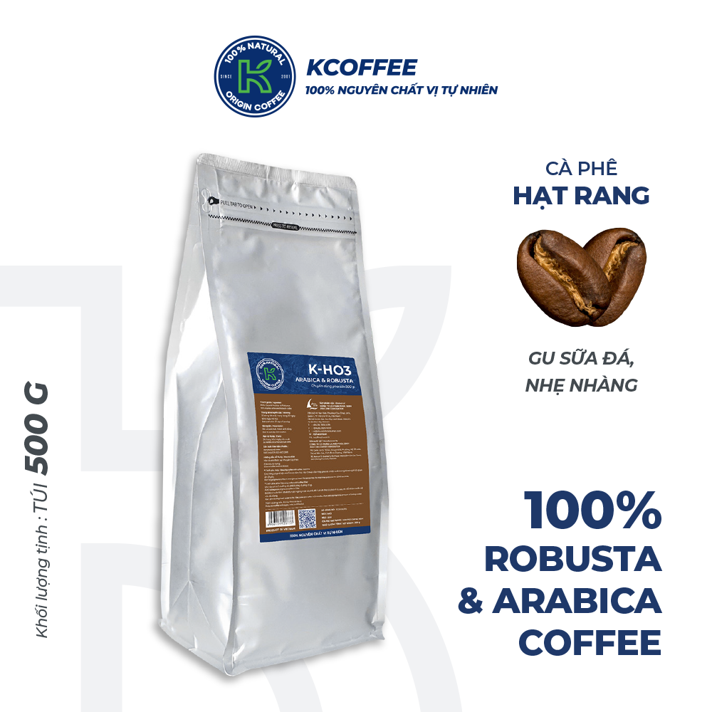 Cà phê hạt rang K Coffee 100% Robusta Arabica nguyên chất cà phê đậm vị K-HO3 (500g/Túi)