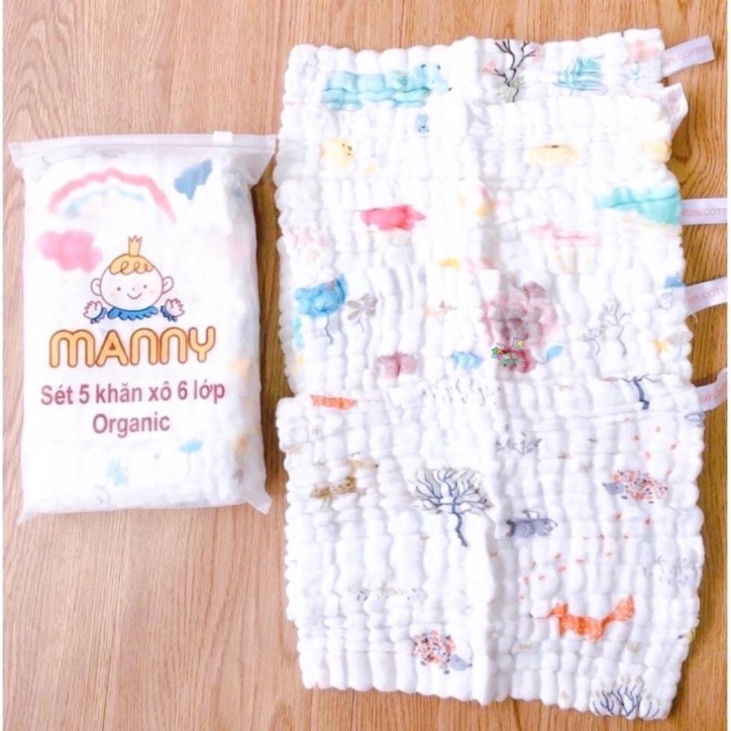 Set 5 khăn sữa 6 lớp họa tiết cotton 100% túi zip cao cấp Manny