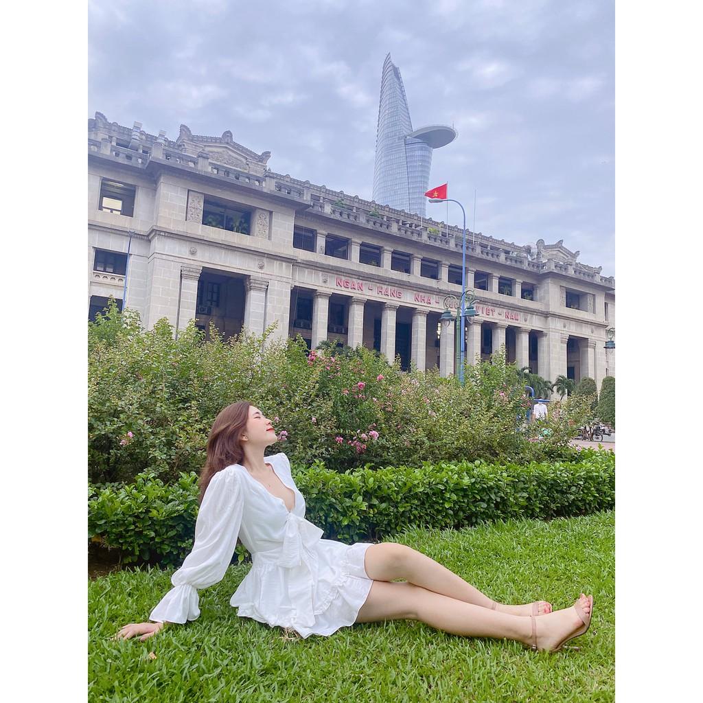 Đầm đũi gân trắng thắt nơ ngực
