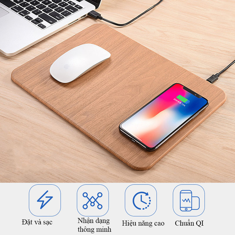 Lót chuột gỗ kèm sạc điện thoại thông minh, miếng lót chuột bàn laptop  di động cao cấp sang trọng