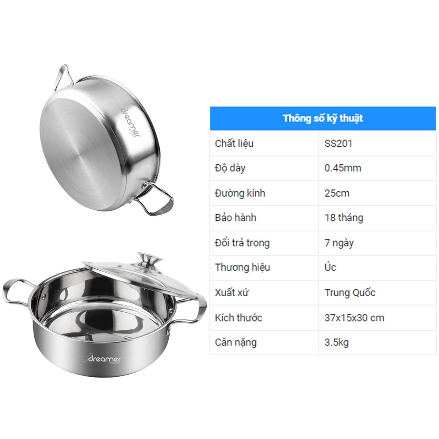 Nồi lẩu inox đáy từ 25cm- Dreamer DKW-HPL125W-Hàng Chính Hãng