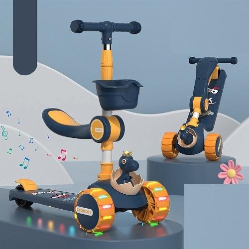 Xe trượt scooter khủng long con kiêm chòi chân bánh to có đèn có nhạc cho bé