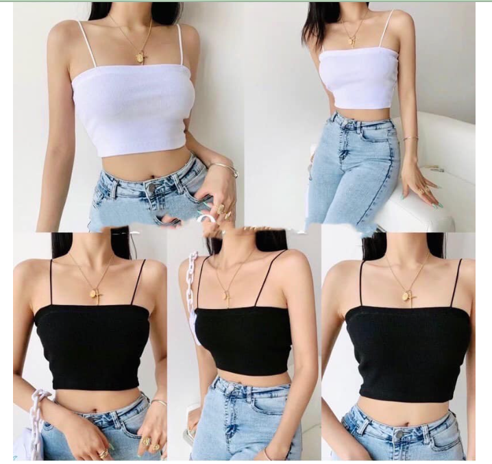 Áo croptop hai dây sợi bún  bozip 2 lớp đen trắng, thun ống ngang ngực ôm body, áo croptop ôm mặc trong siêu mát