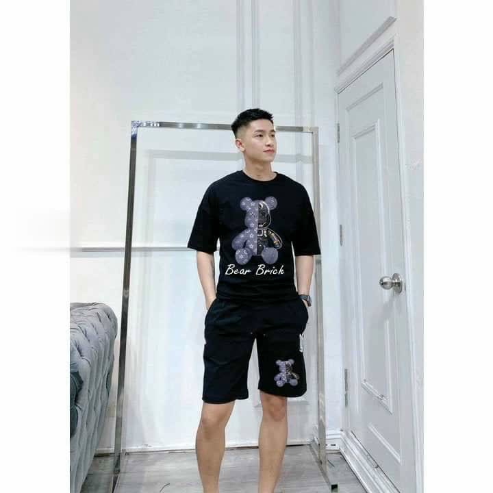 Set áo thun form rộng gấu Bear Brich + Quần short Unisex Nam nữ , Set đồ bộ nam nữ ,Set đồ đôi tay lỡ unisex, đồ bộ hàn quốc thể thao in gấu Bear Brich Chất cotton form thụng tay lỡ Unisex Form &lt;70kg, đồ Bộ mặc nhà ngủ mùa hè nam nữ