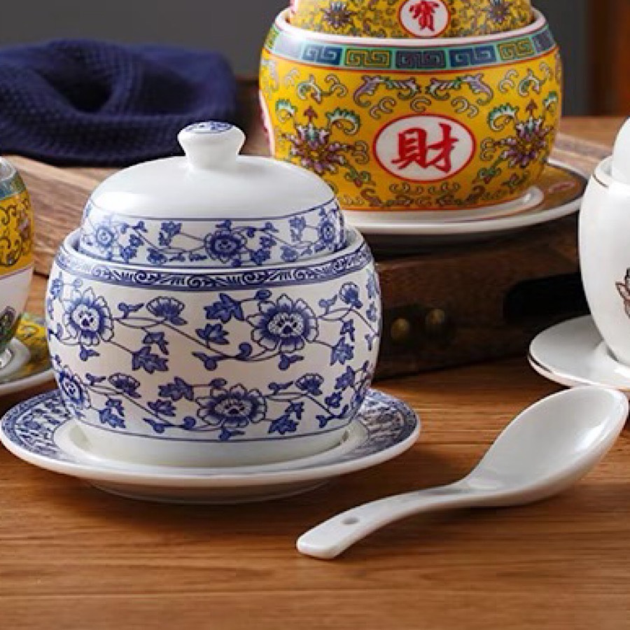 CHÉN ĂN YẾN , BÁT TIỀM SÂM 4 MÓN TỨ QUÝ MEN LAM TRẮNG XANH GỐM SỨ