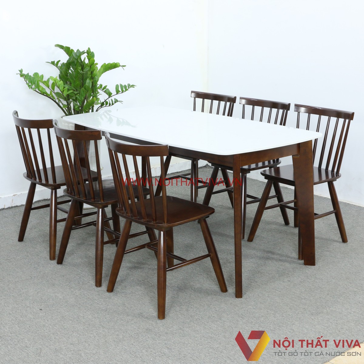 Bàn Ăn Mặt Đá Hoa Cương Chân Vát 6 Ghế Nan Gỗ Cao Su Bền Đẹp Hiện Đại