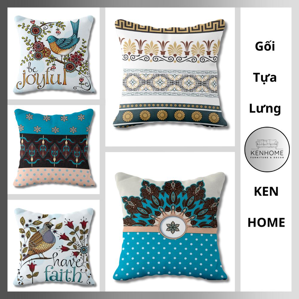 Gối Sofa Họa Tiết Chim Ri Cổ Điển - Gối Tựa Sofa Tông Xanh Trắng Trang Trí Nhà Cửa - Chất Liệu Vải Bố - Kích Thước 45x45cm