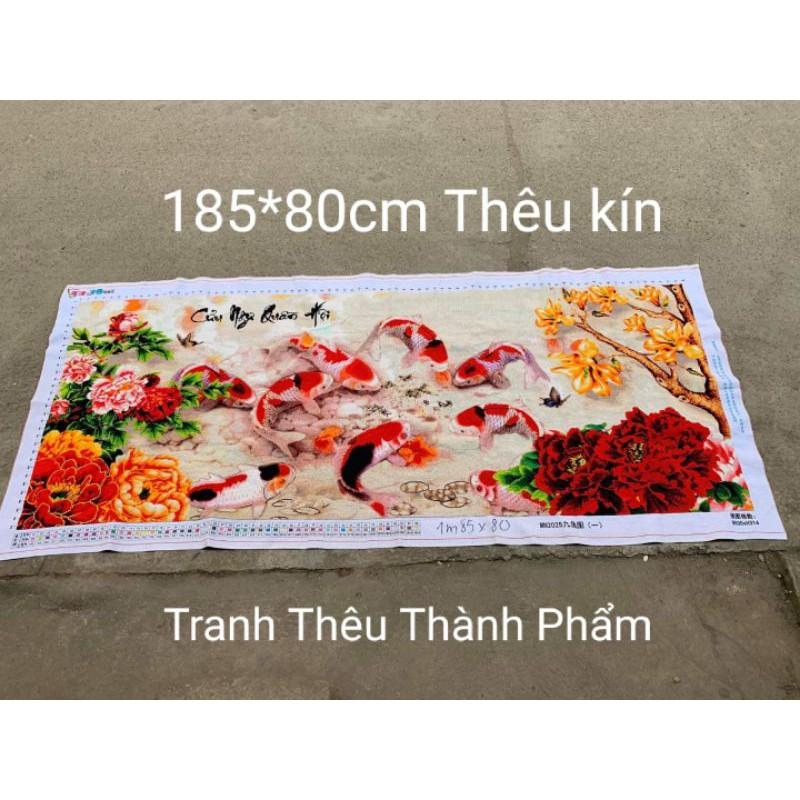 Tranh Thêu Chữ Thập Cửu Ngư Quần Hội Cá Chép Hoa Sen Thêu Kín 1m85