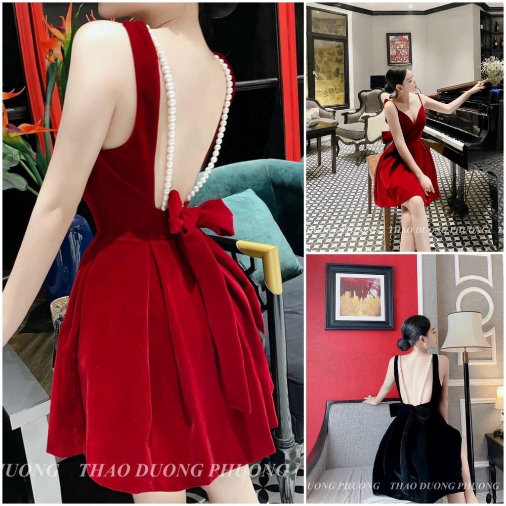 Đầm xoè nhung 2s đính cườm nơ lưng