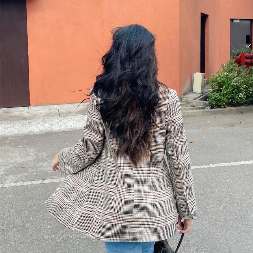 Áo khoác blazer nữ dáng suôn phong cách thanh lịch Ella Checked Blazer In Brown Pink Club Collection A2027