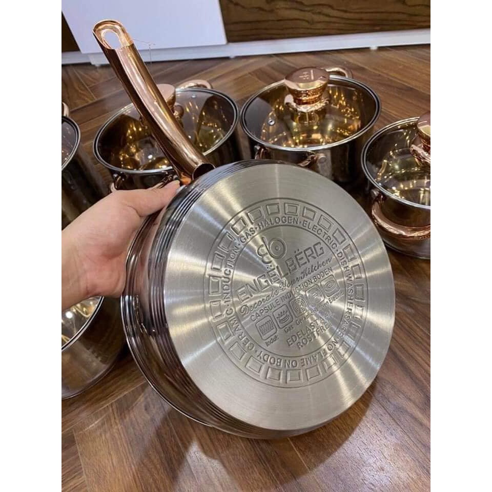 Set Bộ nồi Đức 5 đáy gồm 6 món lắp hợp kim vàng dùng cho mọi loại bếp điện, bếp từ, bếp ga