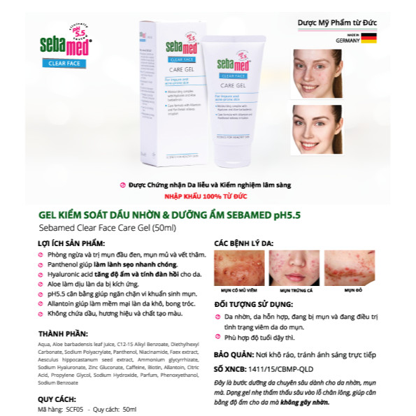 Gel dưỡng ẩm giảm mụn Sebamed pH 5.5 Clear Face Care Gel 50ml (Nhập khẩu)