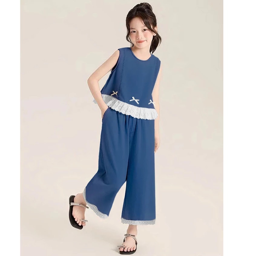 Đồ Jean Bò Giấy Bé Gái Áo Xòe Đính Nơ &amp; Quần Ống Suông Viền Ren – Mềm Nhẹ, Dễ Thương Từ 12-45KG Dành Cho Bé Gái