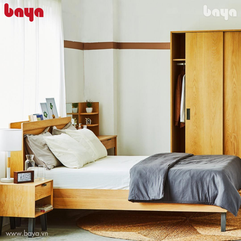 Giường Ngủ Đôi Phong Cách Bắc Âu BAYA CARINE Được Làm Từ Chất Liệu Veneer Sồi, MDF Và Chân Giường Bằng Kim Loại Chắc Chắn