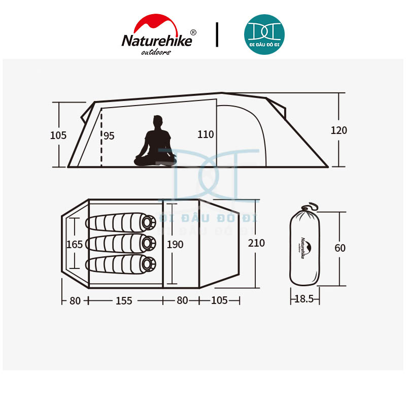 Lều cắm trại chống mưa 3 người 2 ngăn Naturehike Opalus NH17L001-L