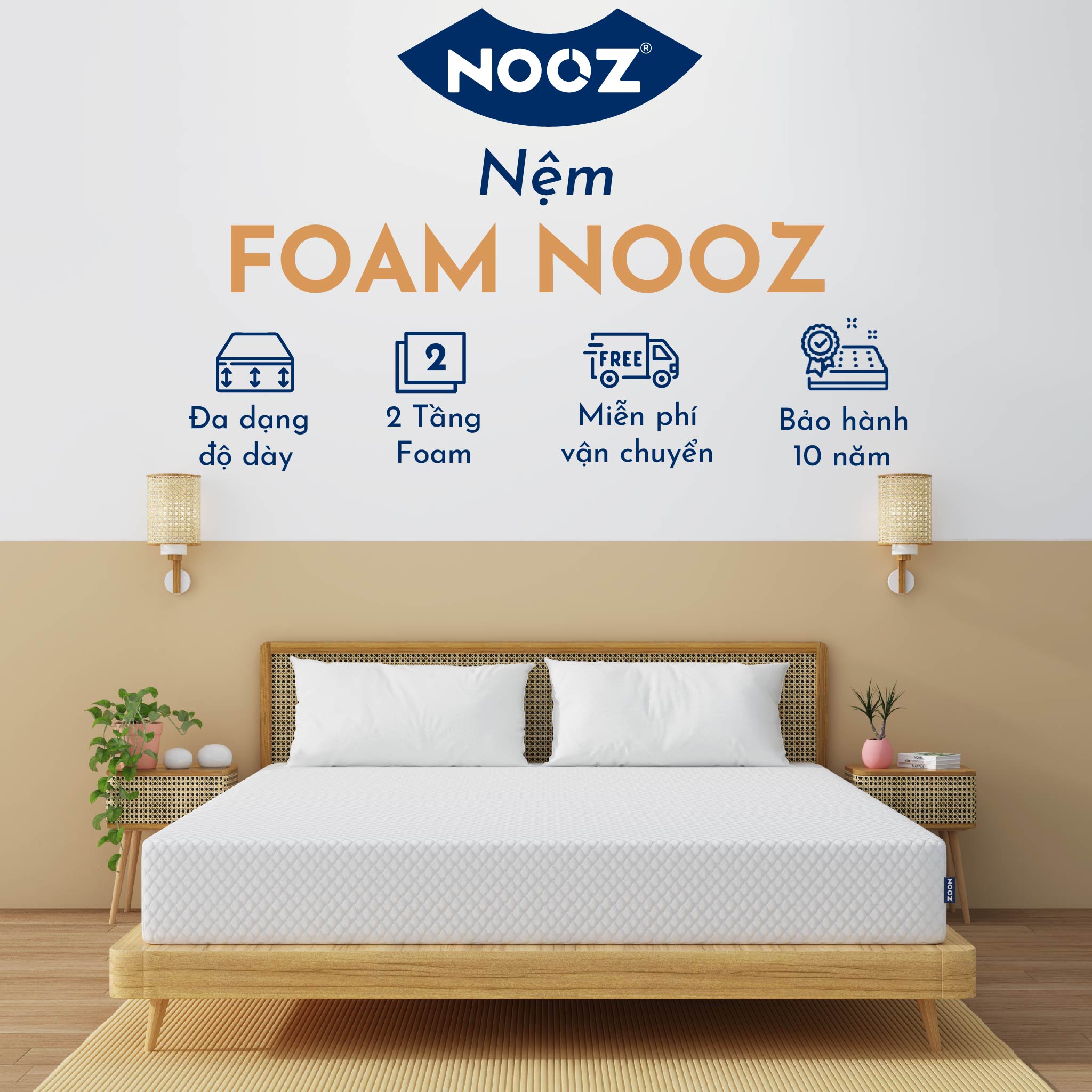 Nệm Foam NOOZ Home Goods  Tiêu Chuẩn CertiPUR-US Với Hai Tầng Foam Nâng Đỡ Ruột Đệm Cao Su Non Vỏ Nệm Tencel - 120 x 200 - 20cm