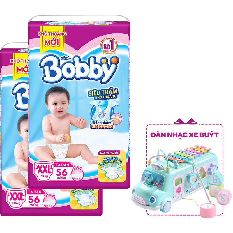 Combo 2 Tã Dán Bobby Đệm Thun Thấm Mồ Hôi XXL56 (56 Miếng) - Tặng 1 Đàn Nhạc Xe Bus