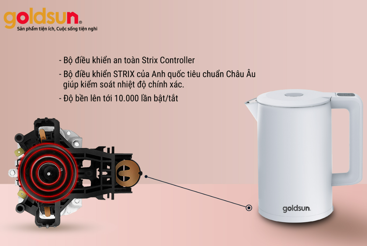 Ấm Siêu Tốc Thông Minh Căn Chỉnh Nhiệt Độ GOLDSUN GKT2642, 4 Chế Độ Điều Chỉnh, Dung Tích 1.7L, Công Suất Cao 1850W - Hàng Chính Hãng