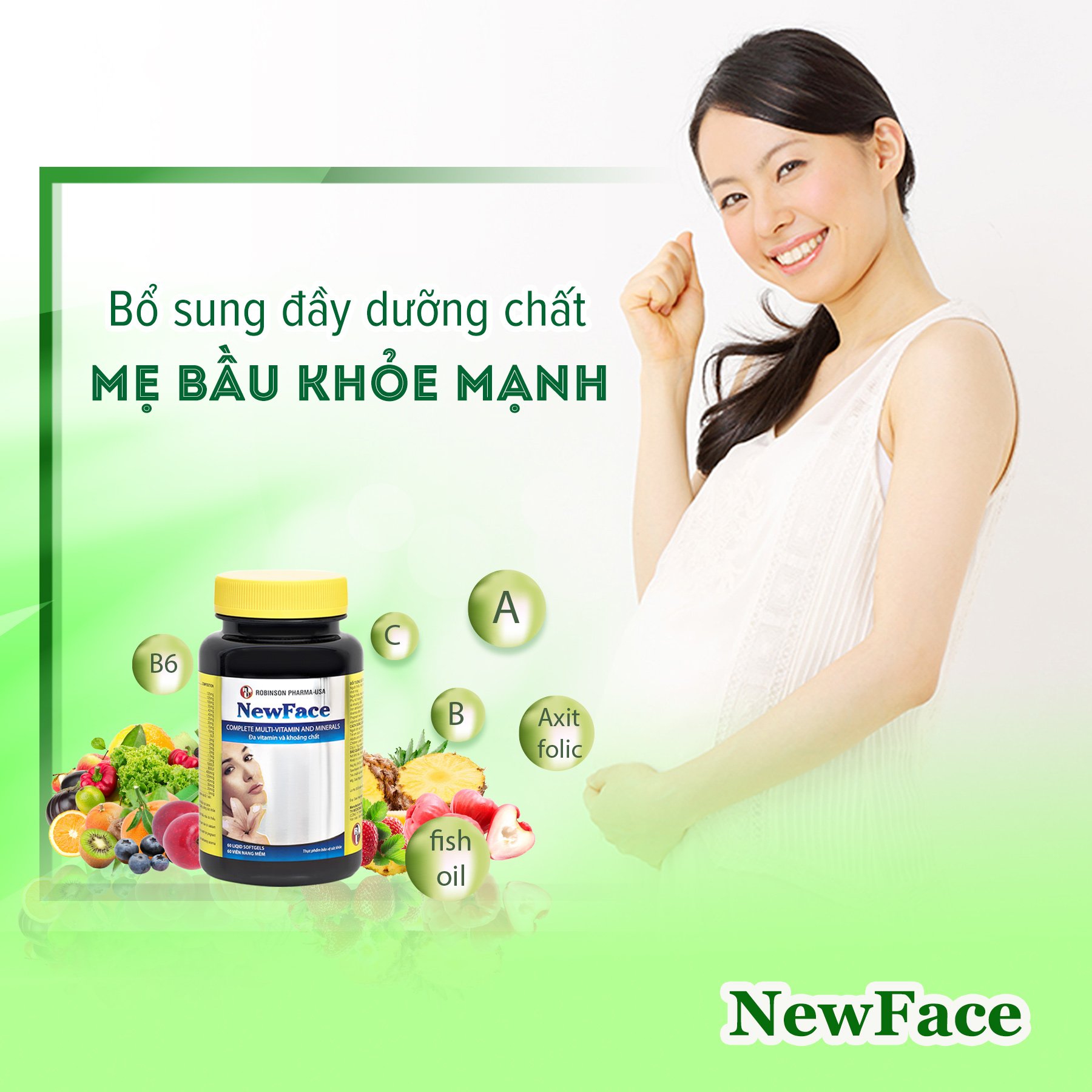 TPCN viên uống NEWFACE- Robinson Pharma Usa giúp bổ sung sắt,DHA,Vitamin và khoáng chất,cân bằng nội tiết tố...chai 60 viên