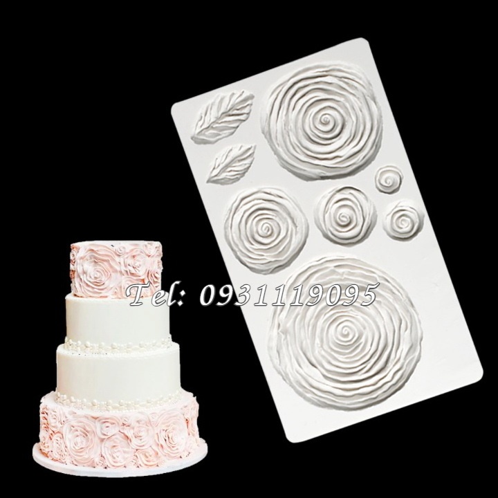 Khuôn silicon làm viền bánh, rau câu, fondant vĩ 6 hoa hồng xoáy kèm lá - Mã số 1401