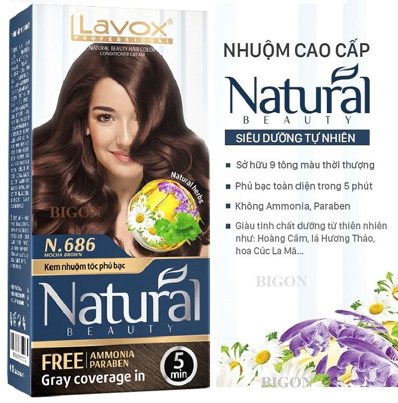 Kem Nhuộm Phủ Bạc Cao Cấp Siêu Dưỡng, Tự Nhiên Lavox N.686 - Mocha Brown