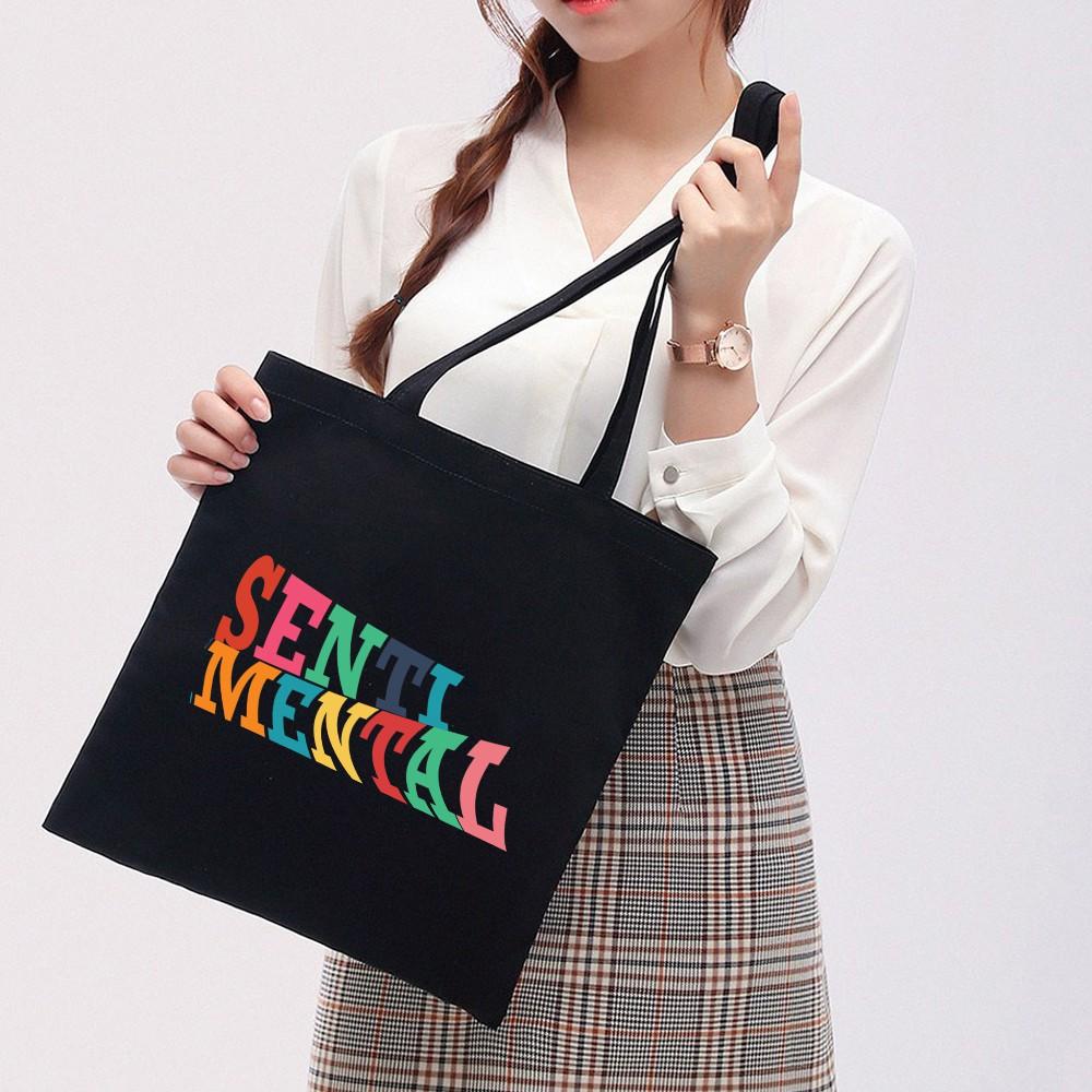 Túi Tote Vải Canvas Ginko kiểu basic có dây kéo khóa miệng túi đựng vừa laptop 14 inch và nhiều đồ dùng khác Phong Cách ulzzang Hàn Quốc In Hình Sentimental B39