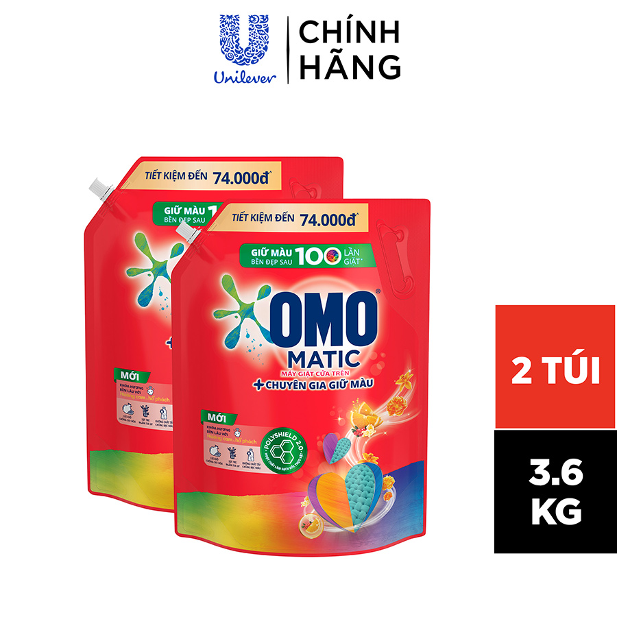 Combo 2 Túi Nước giặt OMO Matic Hương Cam & Hổ phách Chuyên gia giữ màu Cho máy giặt cửa trên 3.6kg