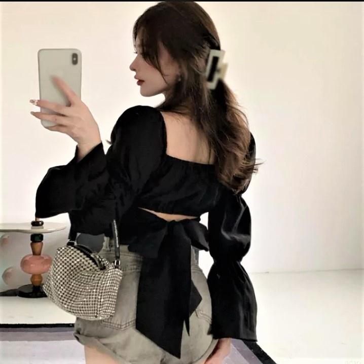 ÁO NỮ CROPTOP TAY PHỒNG 3 TẦNG NƠ LƯNG (DƯỚI 55KG MẶC VỪA)