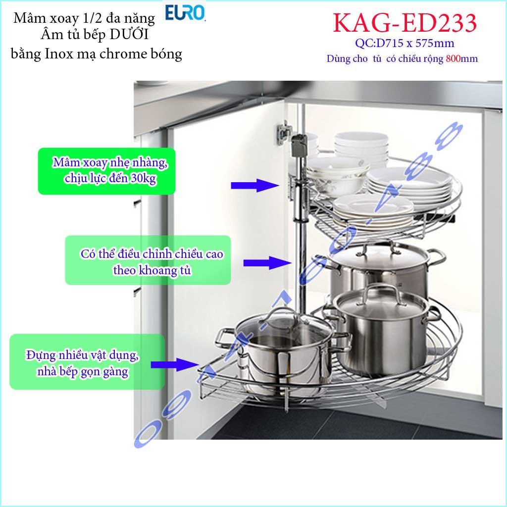 Kệ xoay bán nguyệt Euro KAG-ED233, mâm xoay inox 1.2, kệ góc xoay inox tủ bếp dưới